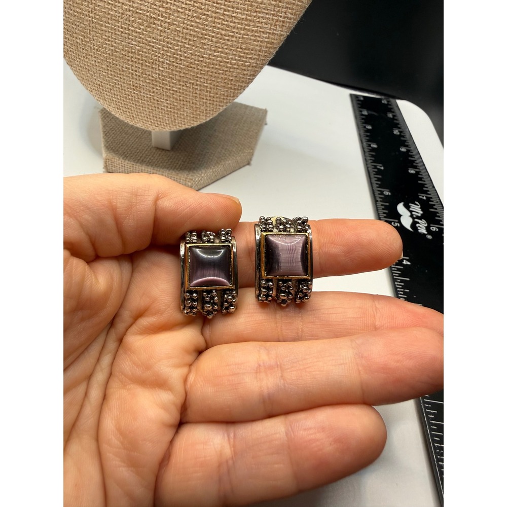 Vintage Purple Cats Eye Square Clip On Earrings Mixed Metal Brutalist Statement